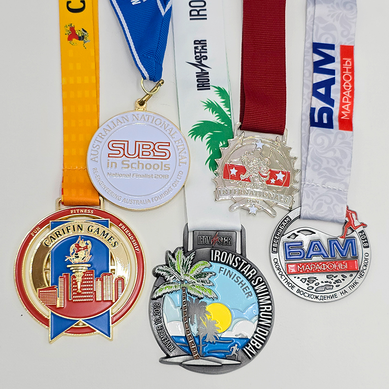 Multi-national sporting event metal medal set, commemorating the Caribbean Games, Triathlon, Russian Marathon, etc.; city/island reliefs; global sporting event collectible set.