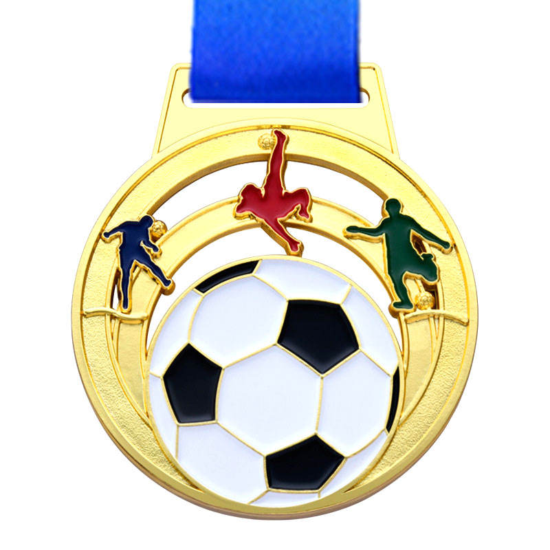 Custom unisex gold-plated football medals with 3D metal logos and enamel; sports awards football medals