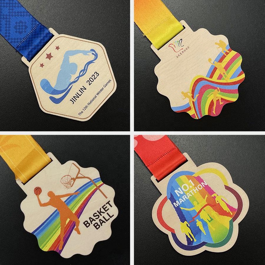 Hot-selling UV-printed eco-friendly wooden medals, shielded laser-cut wooden medals, custom-designed wooden medals.