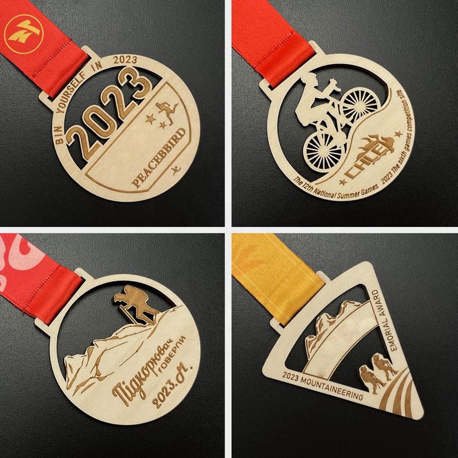Hot-selling UV-printed eco-friendly wooden medals, shielded laser-cut wooden medals, custom-designed wooden medals.
