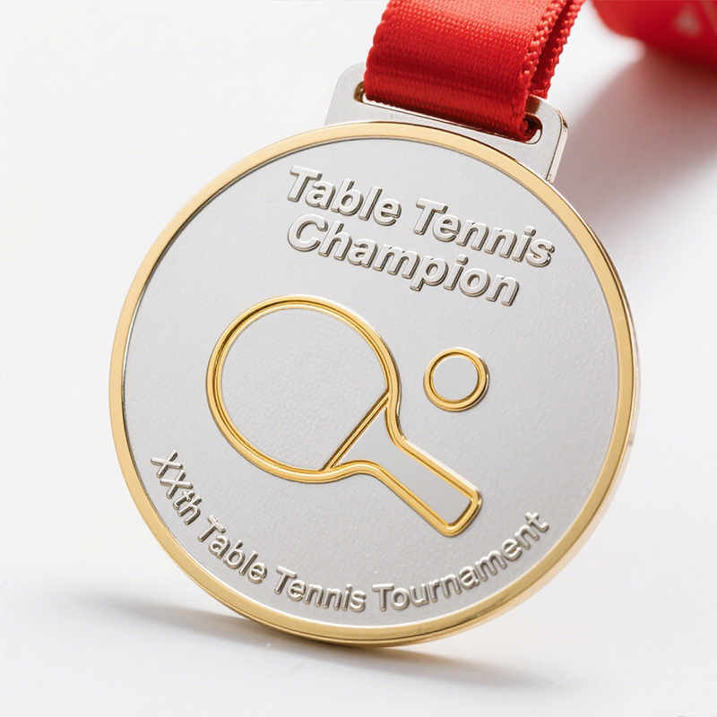 Customized table tennis tournament medals, featuring a striking gold and silver metallic finish, and commemorative badges with customizable lettering.
