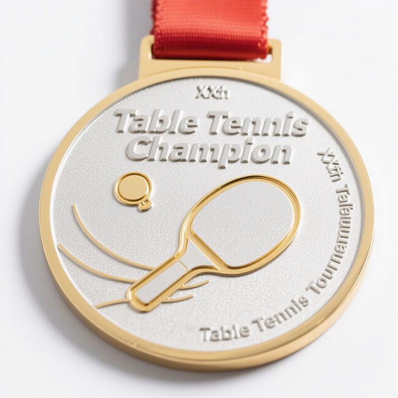 Customized table tennis tournament medals, featuring a striking gold and silver metallic finish, and commemorative badges with customizable lettering.