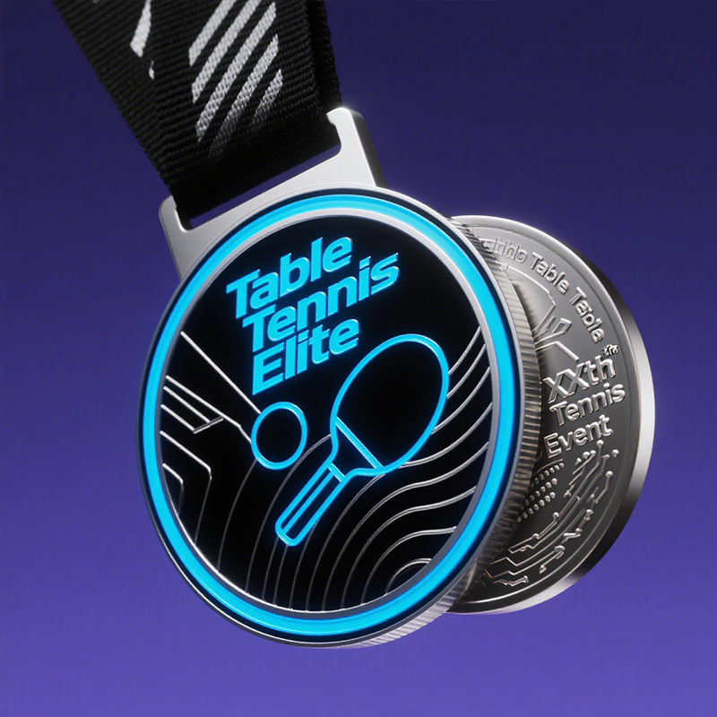 Cyber-style table tennis medal, black, silver, and blue luminescent metallic tournament commemorative medal.