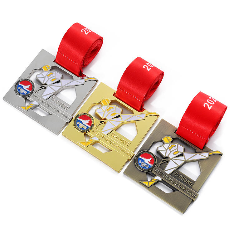 Taekwondo Medal Set: Gold, Silver, and Bronze Enameled Metal Commemorative Medals; Taekwondo HANMADANG Competition Ornament