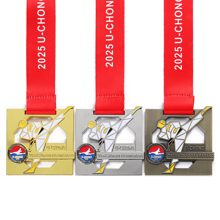 Taekwondo Medal Set: Gold, Silver, and Bronze Enameled Metal Commemorative Medals; Taekwondo HANMADANG Competition Ornament