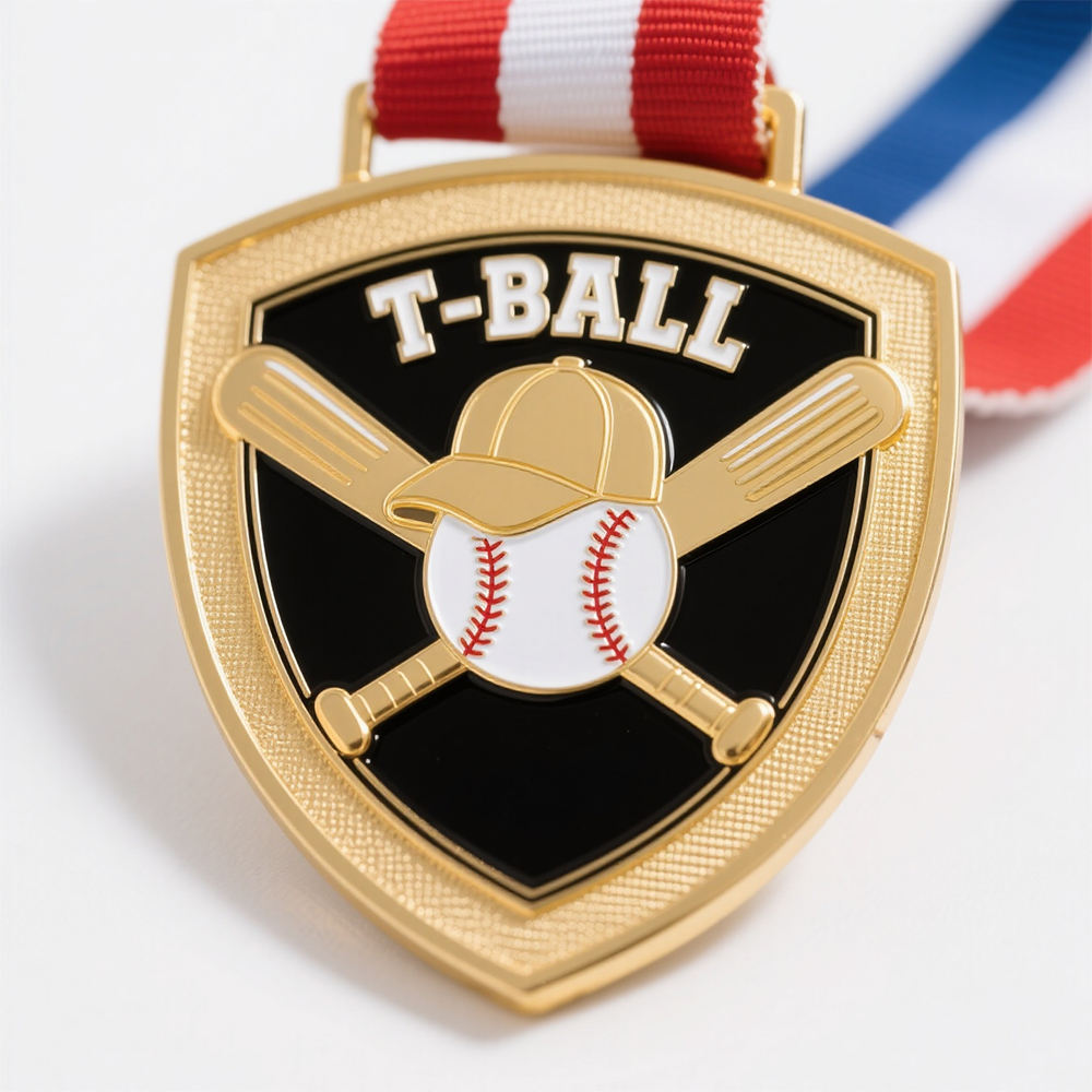 Children's Baseball Shield Medal, Bright Gold Enamel Baseball-Shaped Tournament Commemorative Badge