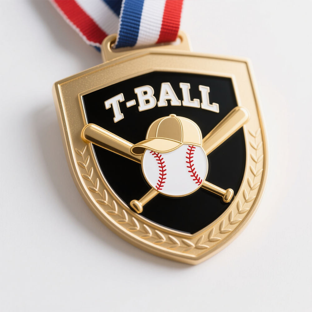 Children's Baseball Shield Medal, Bright Gold Enamel Baseball-Shaped Tournament Commemorative Badge