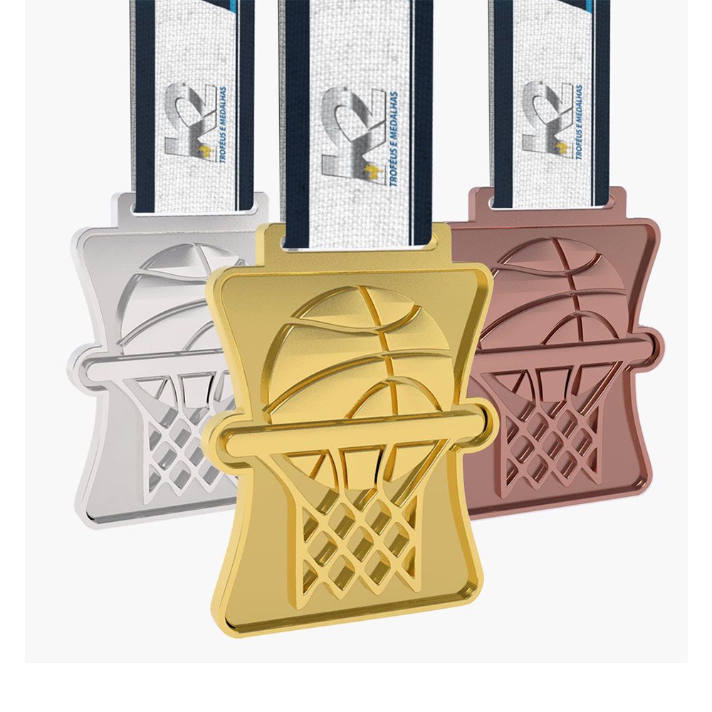 Basketball hoop-shaped gold, silver, and bronze medals; three-dimensional hollowed-out basketball tournament honor medals.
