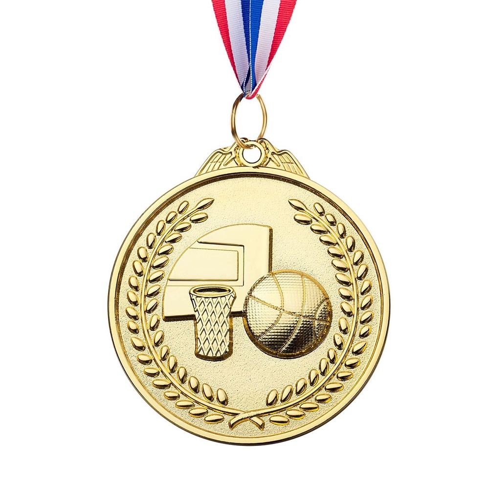 Basketball hoop-shaped gold, silver, and bronze medals; three-dimensional hollowed-out basketball tournament honor medals.
