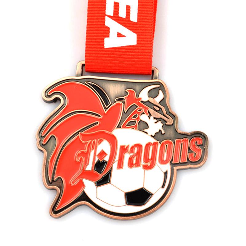 Customized football medals for the team, bronze-colored enamel, irregularly shaped commemorative badges.