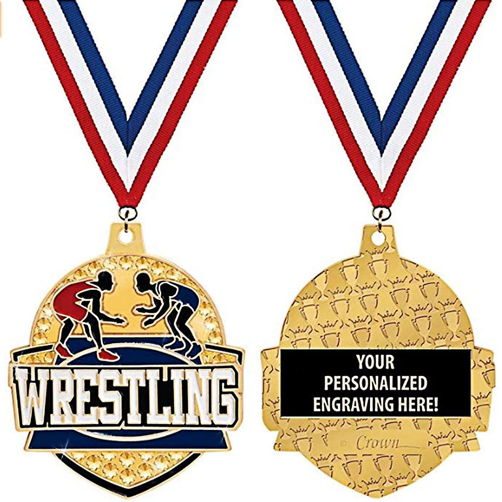 Customized wrestling medals, double-sided engraving, diamond-set enamel metal medals of honor.