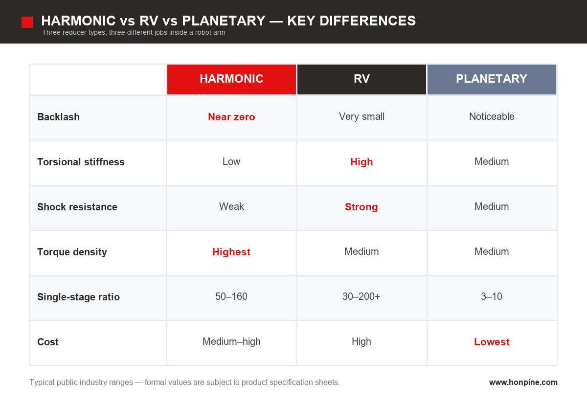 Harmonic vs RV vs planetary gear reducer comparison for robotic arms