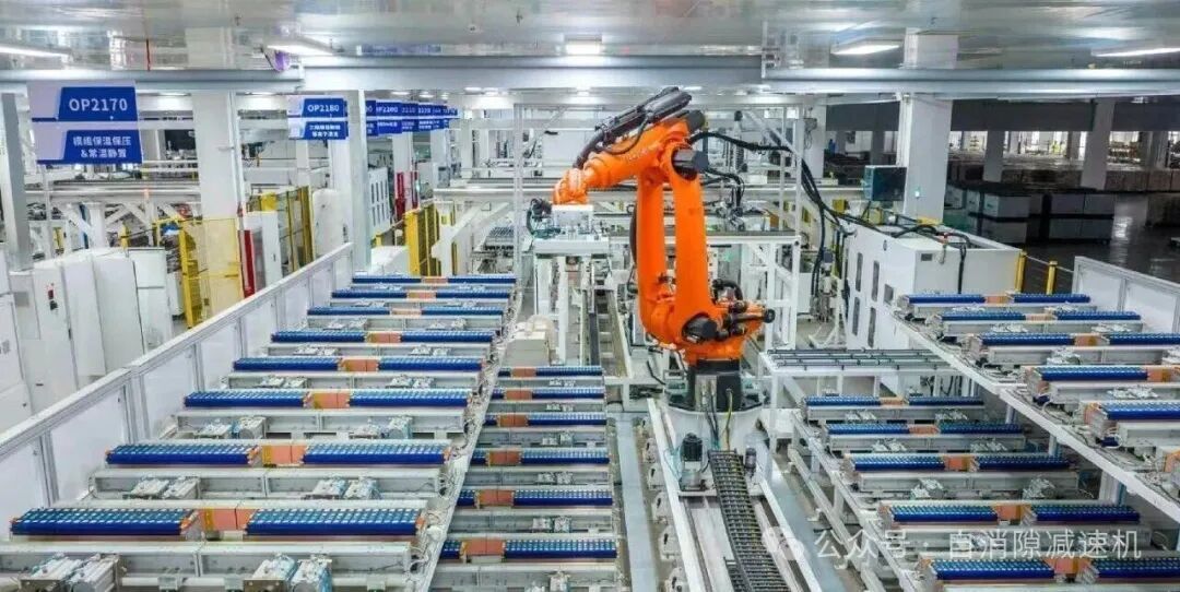 Industrial robot arm working on a lithium battery production line