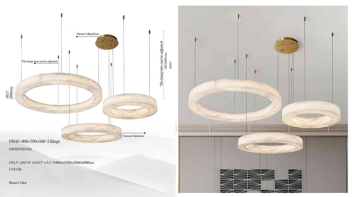 10045 Three-Rings Natural Alabaster Chandelier Brass - 2 Models