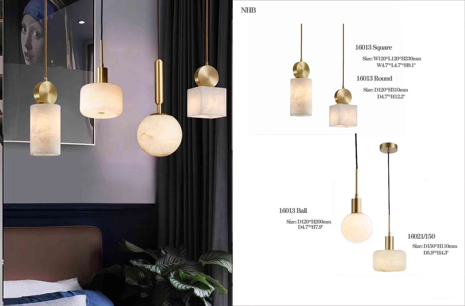 16013 Alabaster Pendant Square/Round/Ball + 16021/150