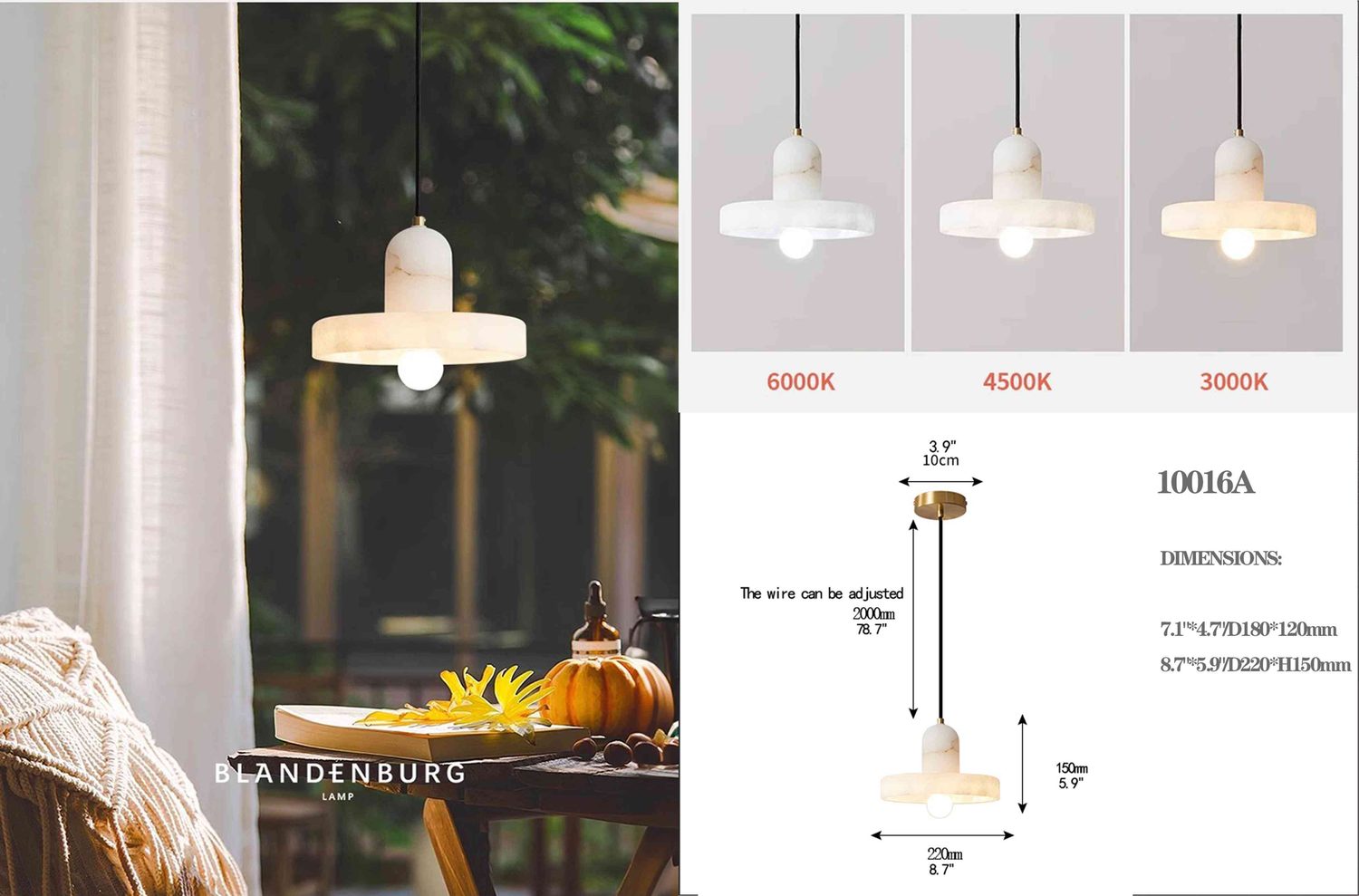 10016A BLANDENBURG Alabaster Pendant - 3 Color Temperatures