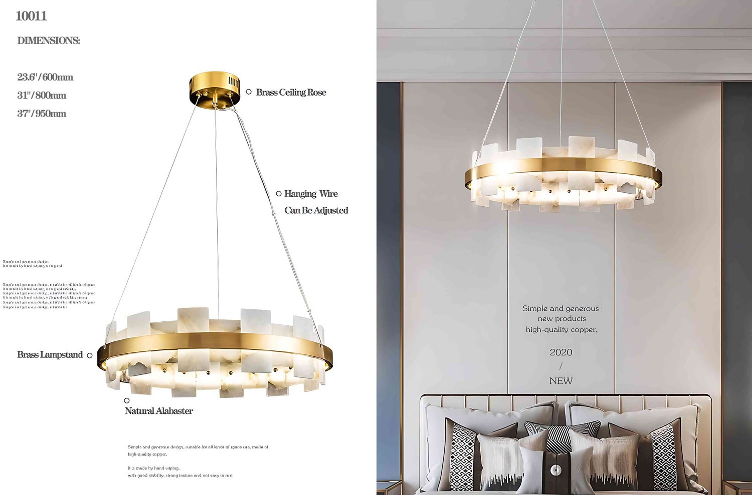 10011 Natural Alabaster Pendant - Round & Oval, Brass Fittings