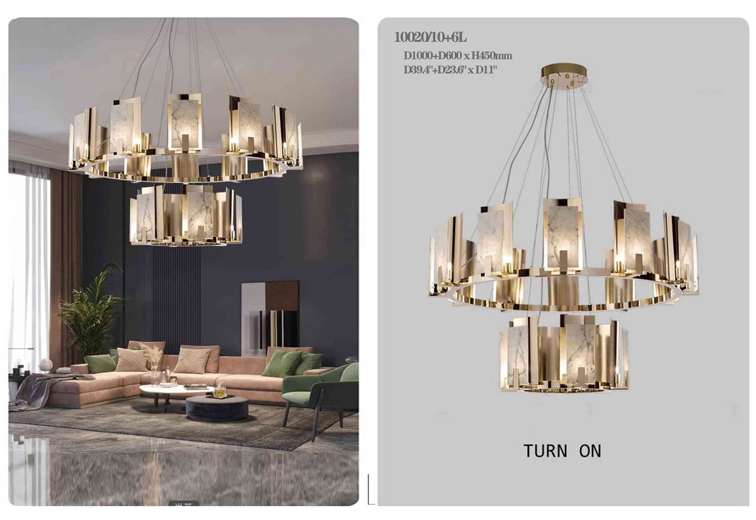 10020/10+6L Alabaster Pendant Chandelier - D1000+D600 Two Rings
