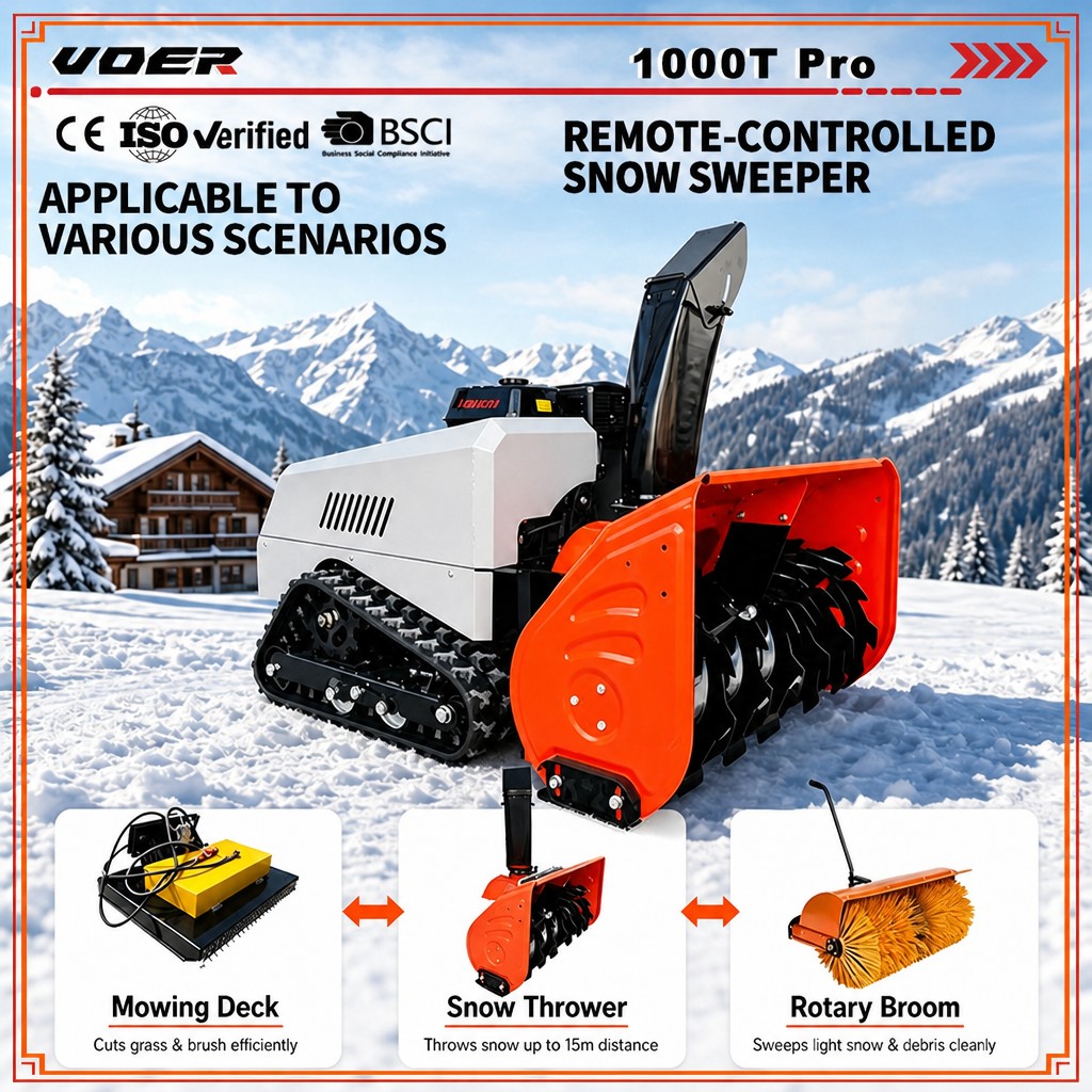 VOER 1000T-Pro 遥控扫雪机——适用于坡地和共用道路，控制距离达 500 米