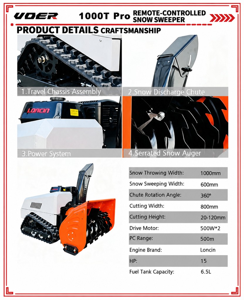 VOER 1000T-Pro 遥控扫雪机——适用于坡地和共用道路，控制距离达 500 米