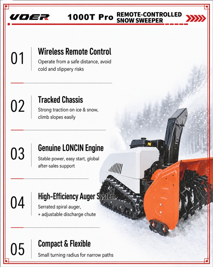 VOER 1000T-Pro 遥控扫雪机——适用于坡地和共用道路，控制距离达 500 米