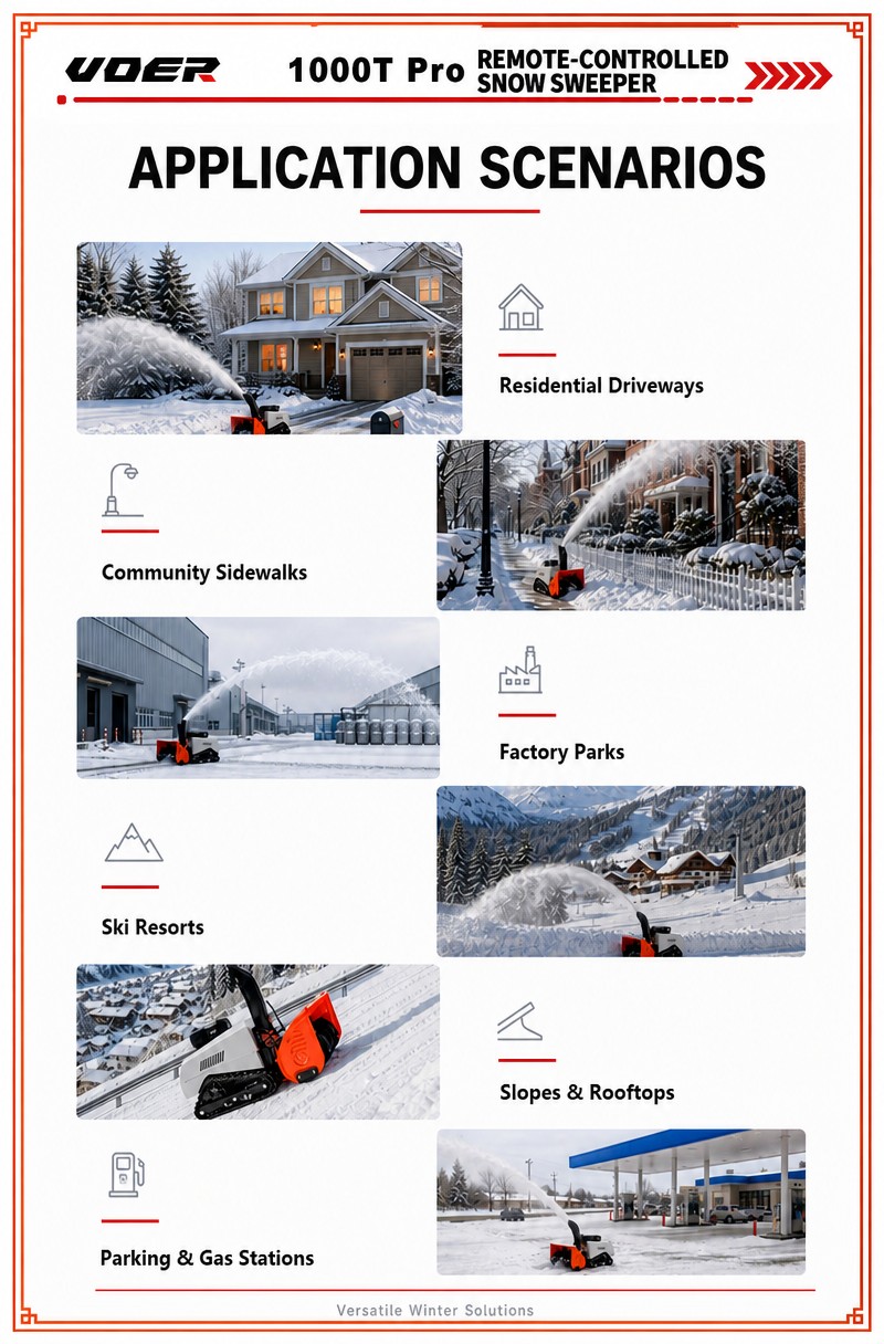 VOER 1000T-Pro 遥控扫雪机——适用于坡地和共用道路，控制距离达 500 米
