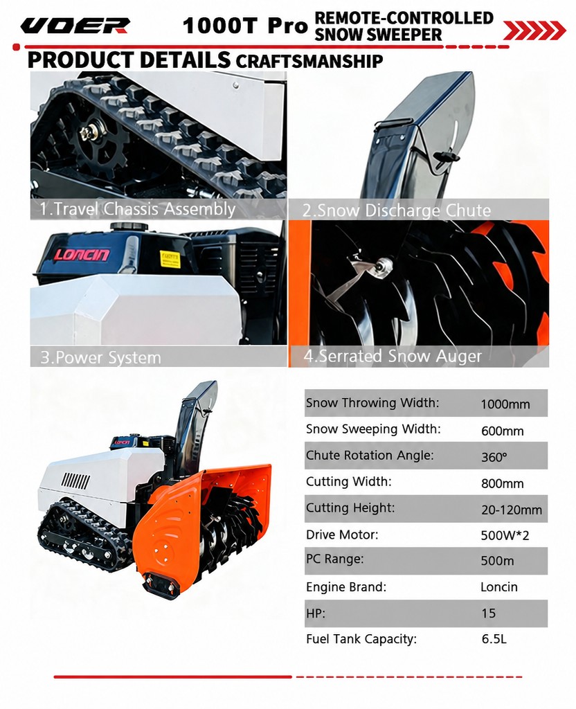 VOER 1000T-Pro 履带式扫雪机 - 宽度100 cm，深度60 cm，15 HP Loncin