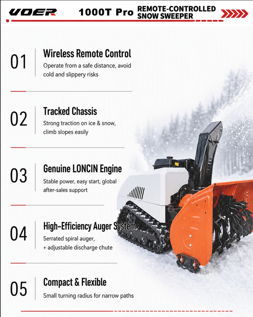VOER 1000T-Pro 履带式扫雪机 - 宽度100 cm，深度60 cm，15 HP Loncin