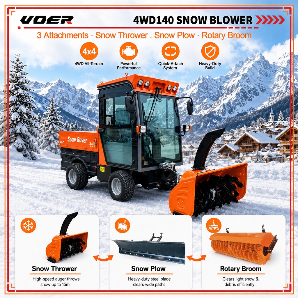 VOER 4WD140 驾驶式扫雪机 - 三种附件、封闭式驾驶室、全时四驱