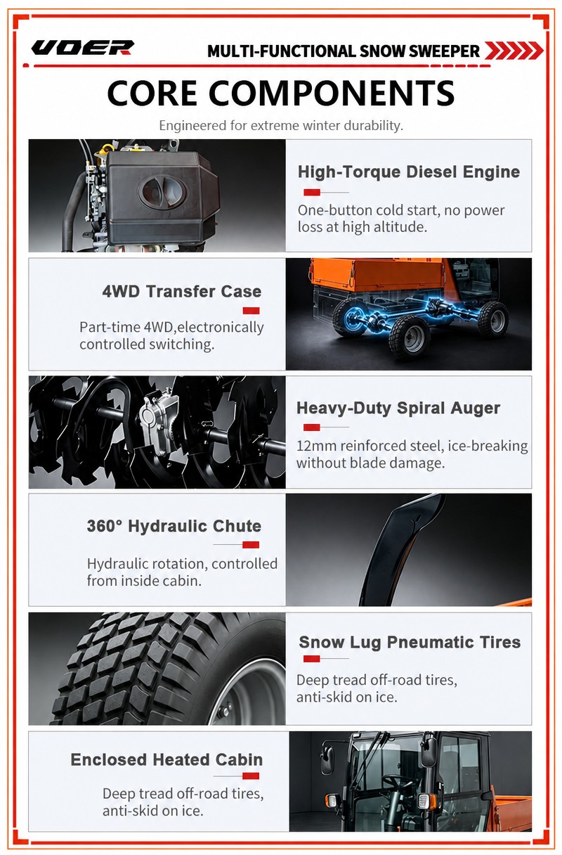 VOER 4WD140 驾驶式扫雪机 - 三种附件、封闭式驾驶室、全时四驱