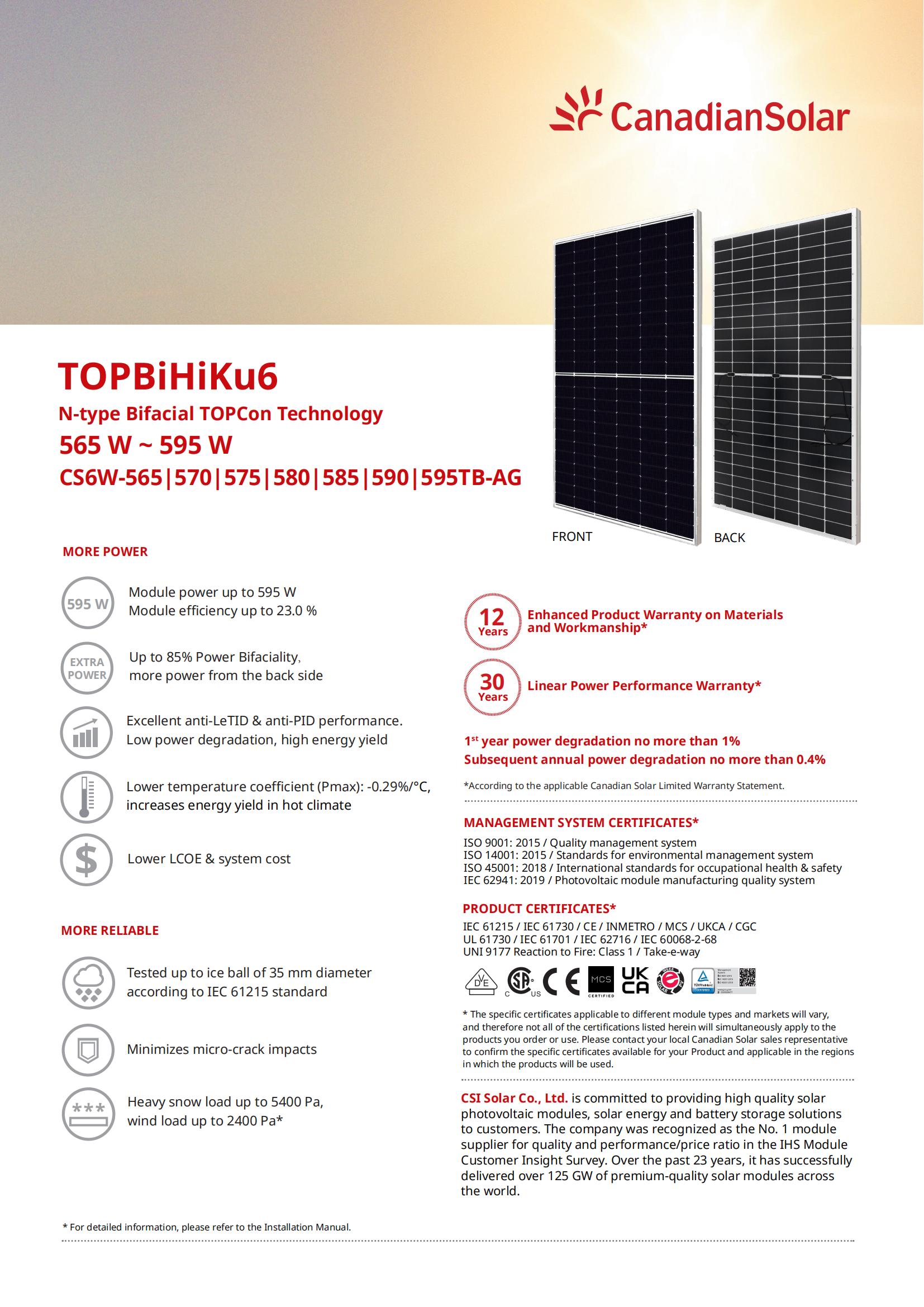 TOPBiHiKu6 N-type Bifacial TOPcon Technology 565 W~595 W