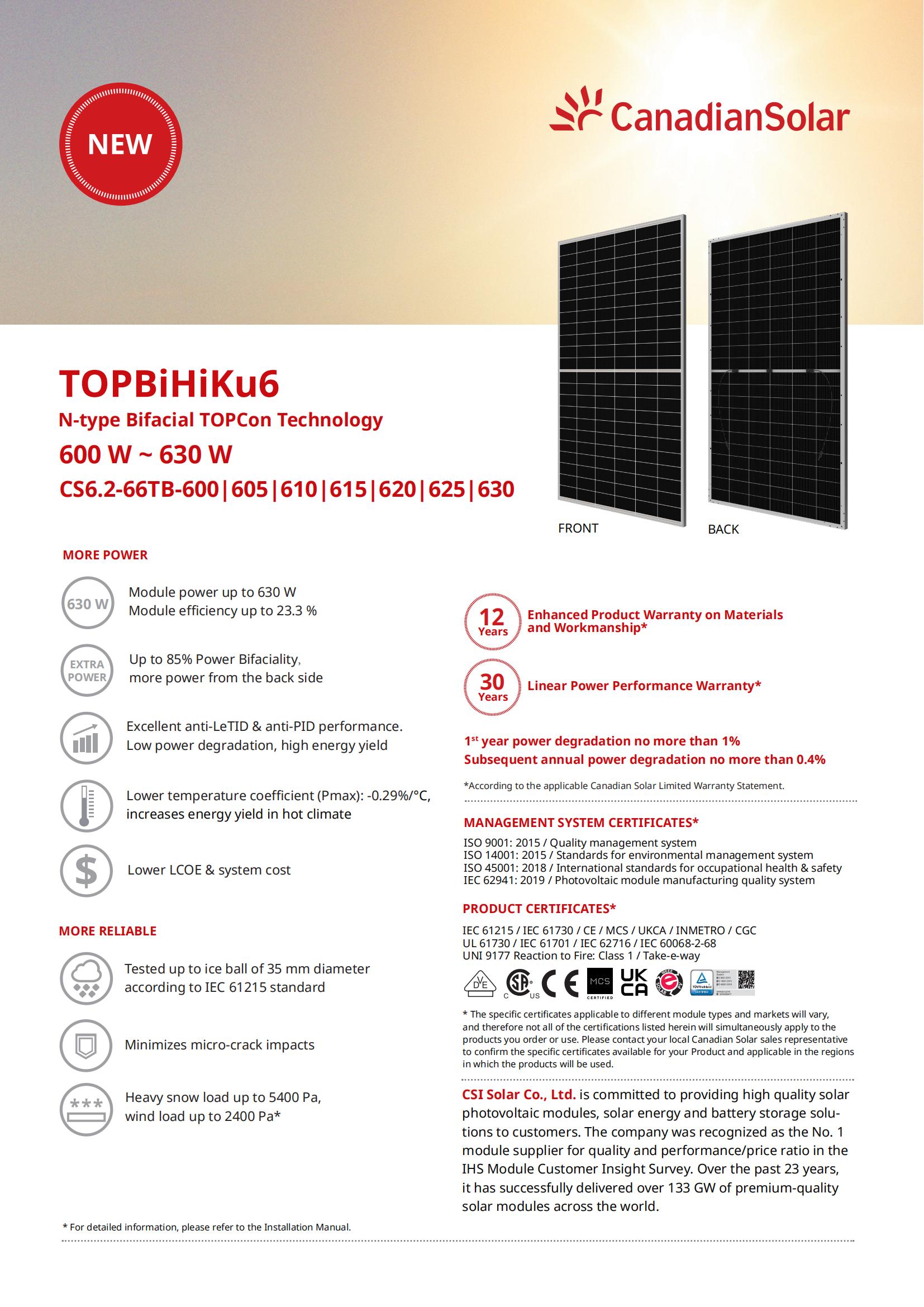 TOPBiHiKu6 N-type Bifacial TOPcon Technology 600 W~630 W