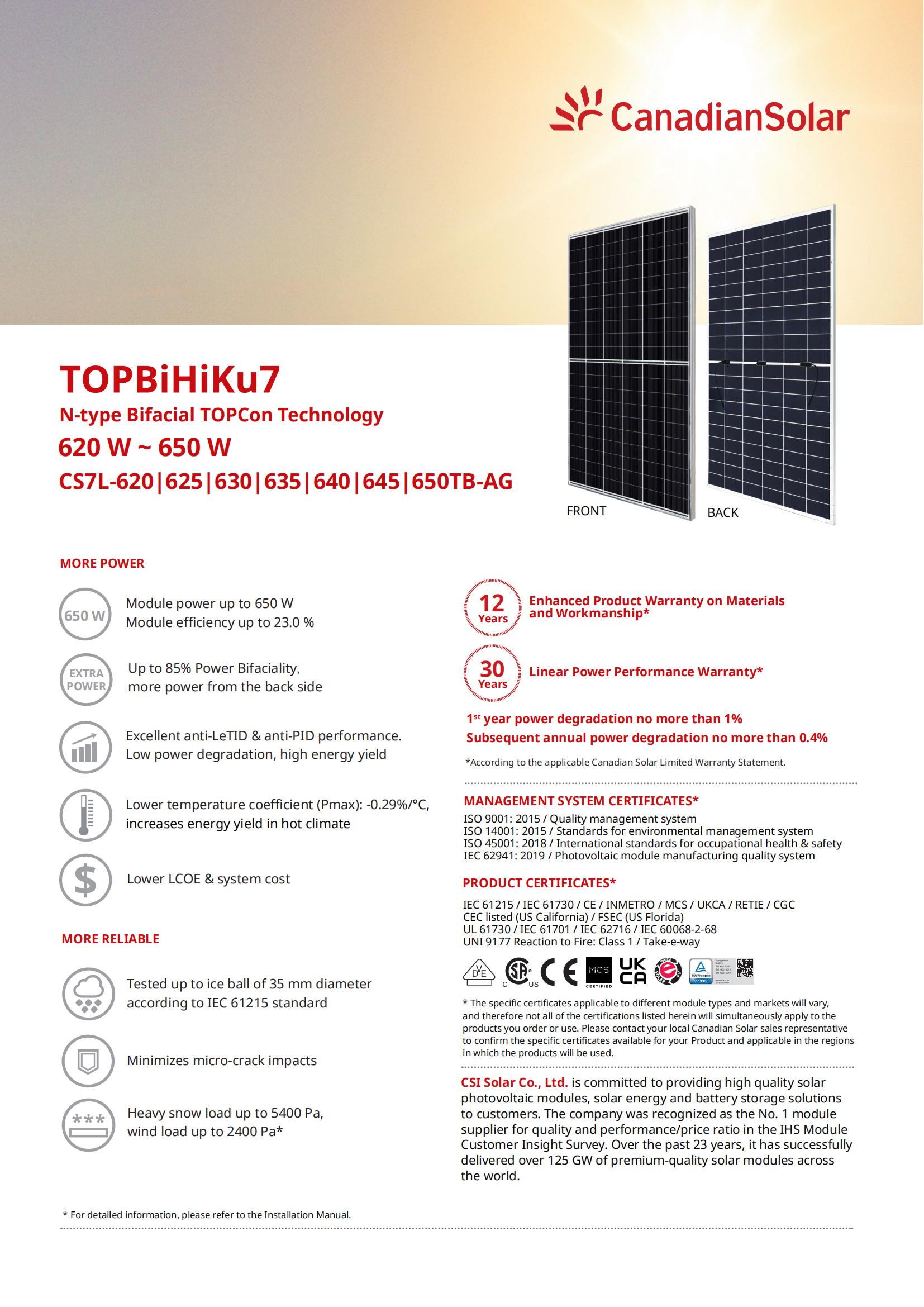 TOPBiHiKu7 N-type Bifacial TOPcon Technology 620 W~650 W