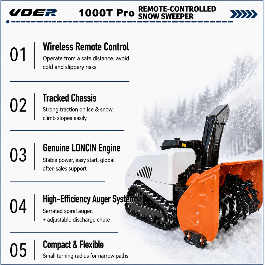 05 五大特点 Woer 1000T-Pro RC遥控抛雪机——远程清理长车道和停车场 | 15HP履带式除雪机,抛雪距离最远达15m