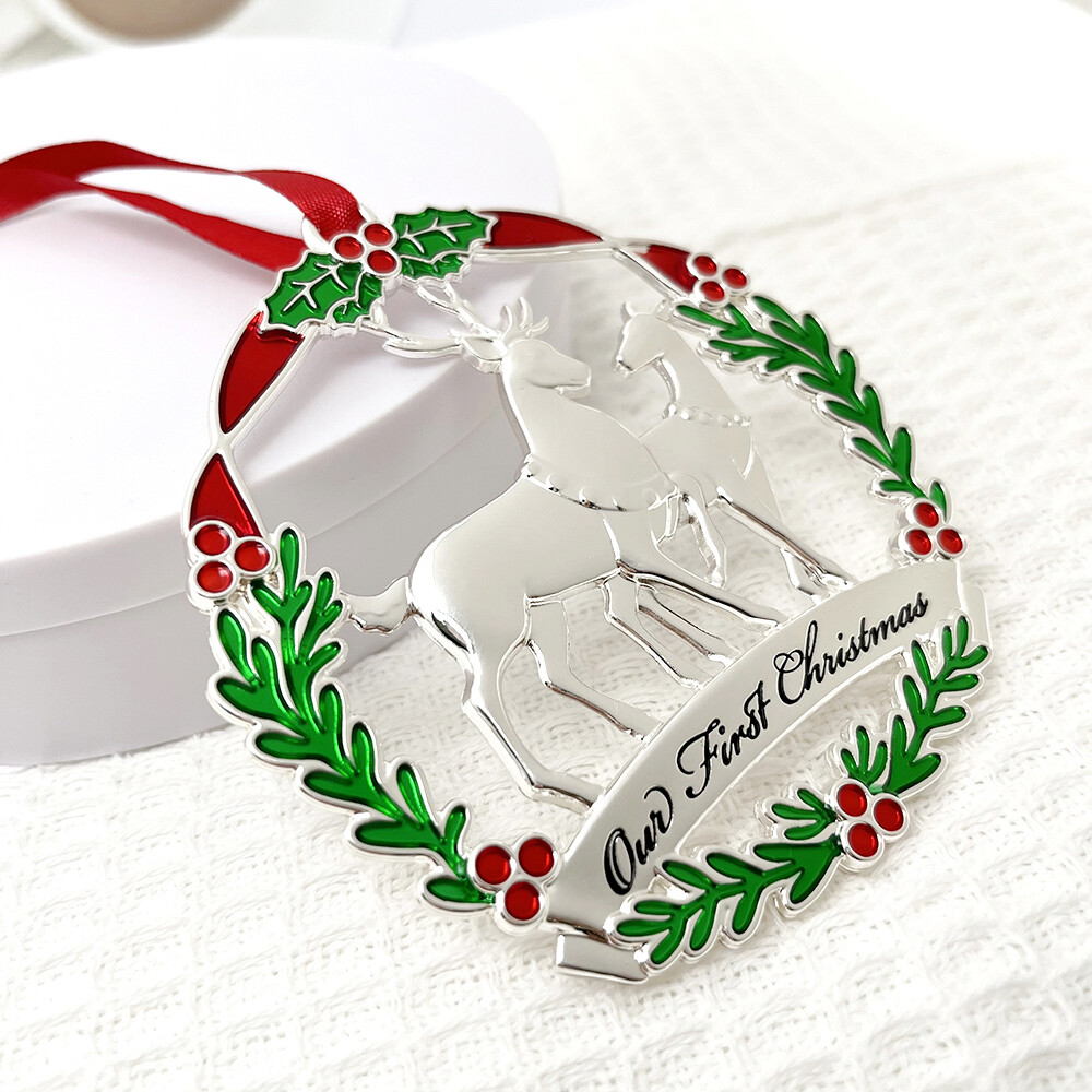 Custom Our First Christmas Ornament Silver Metal Enamel Deer Christmas Tree Ornament for Wedding