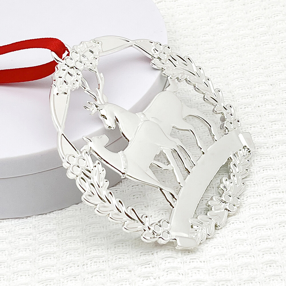 Custom Our First Christmas Ornament Silver Metal Enamel Deer Christmas Tree Ornament for Wedding