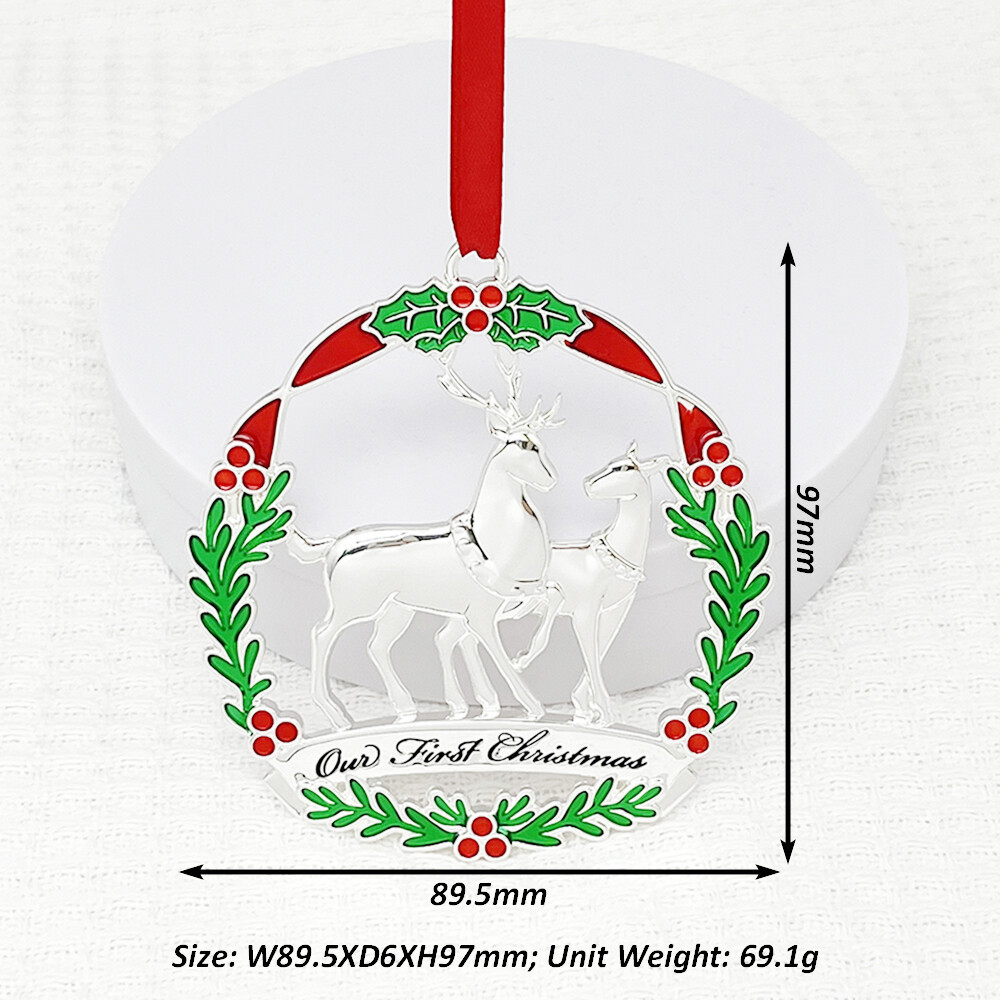 Custom Our First Christmas Ornament Silver Metal Enamel Deer Christmas Tree Ornament for Wedding