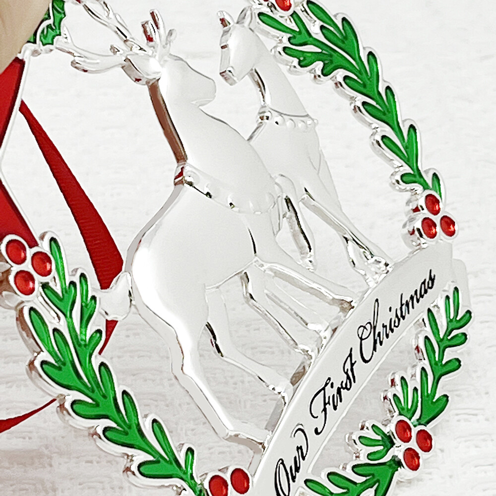 Custom Our First Christmas Ornament Silver Metal Enamel Deer Christmas Tree Ornament for Wedding