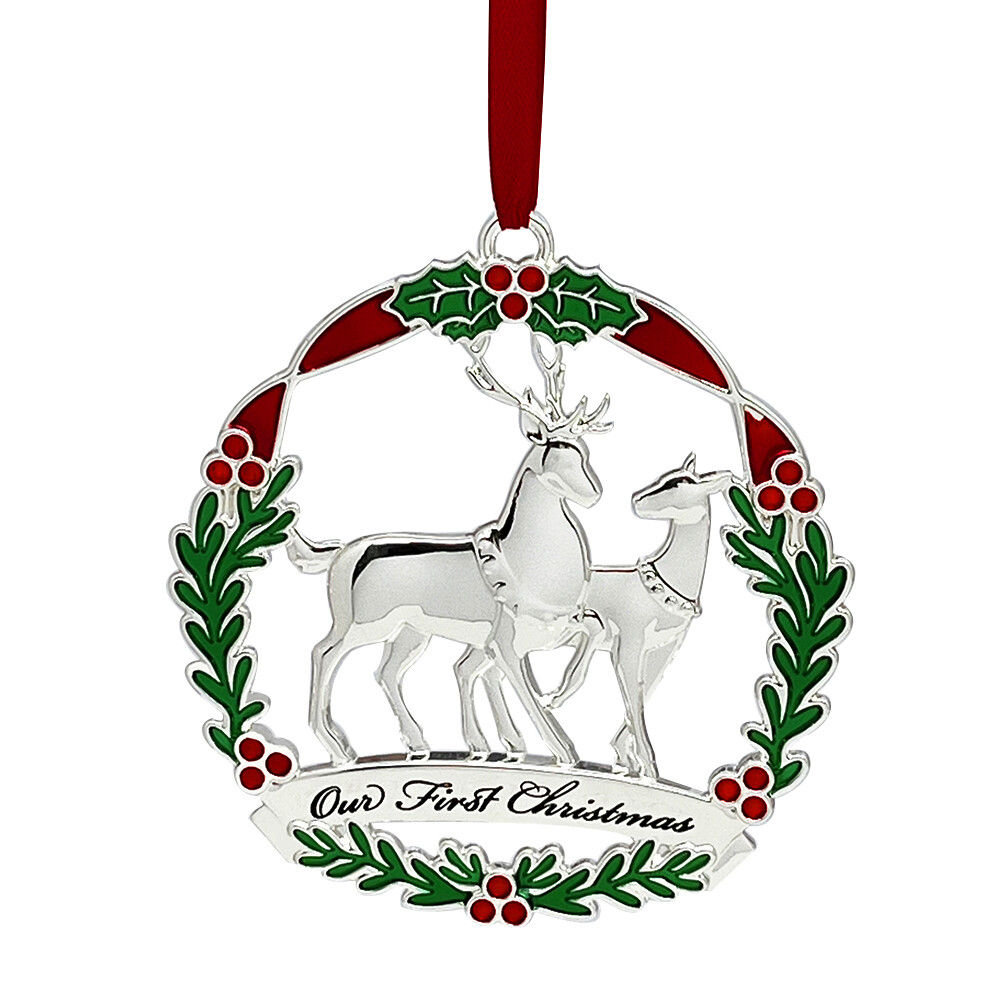 Custom Our First Christmas Ornament Silver Metal Enamel Deer Christmas Tree Ornament for Wedding Custom Our First Christmas Ornament Silver Metal Enamel Deer Christmas Tree Ornament for Wedding