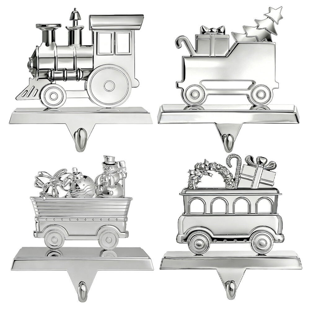 Shiny Silver Metal Christmas Train Stocking Holder Set of 4 for Fireplace Mantle with Hook Shiny Silver Metal Christmas Train Stocking Holder Set of 4 for Fireplace Mantle with Hook