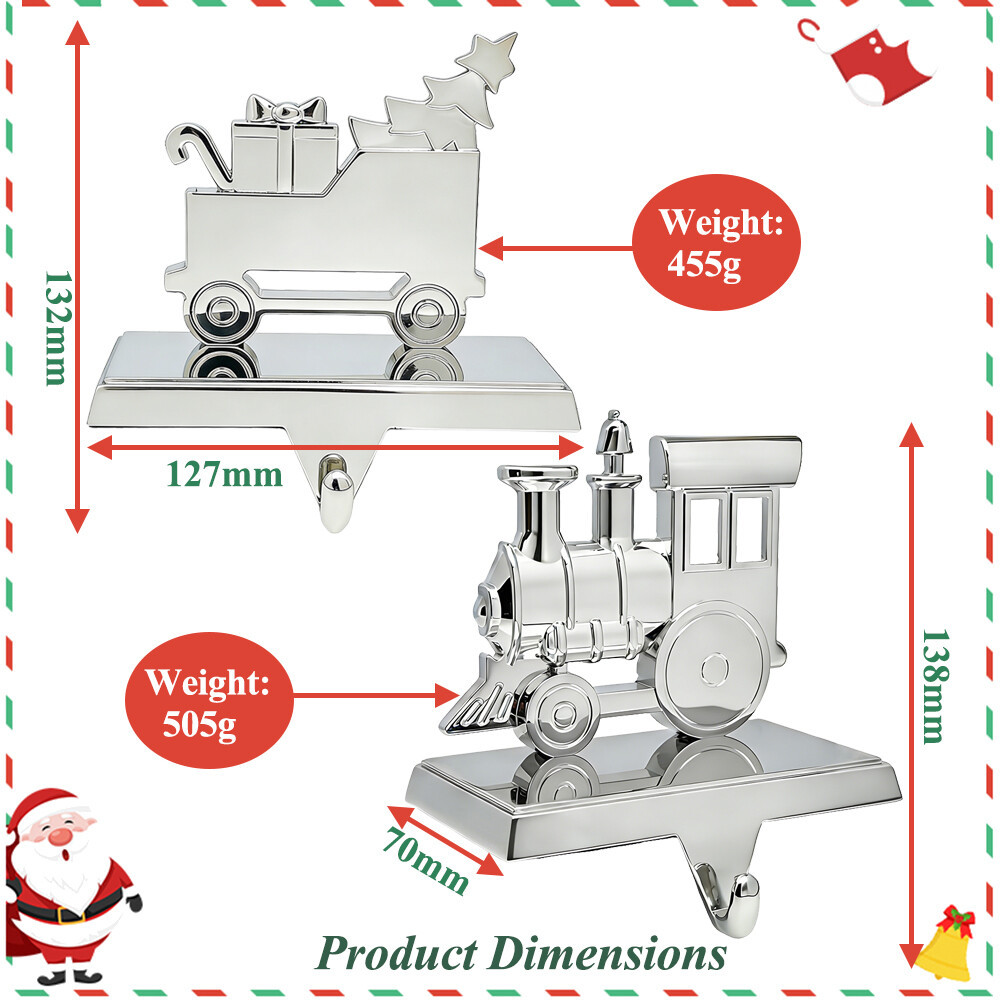 Train 2 Shiny Silver Metal Christmas Train Stocking Holder Set of 4 for Fireplace Mantle with Hook