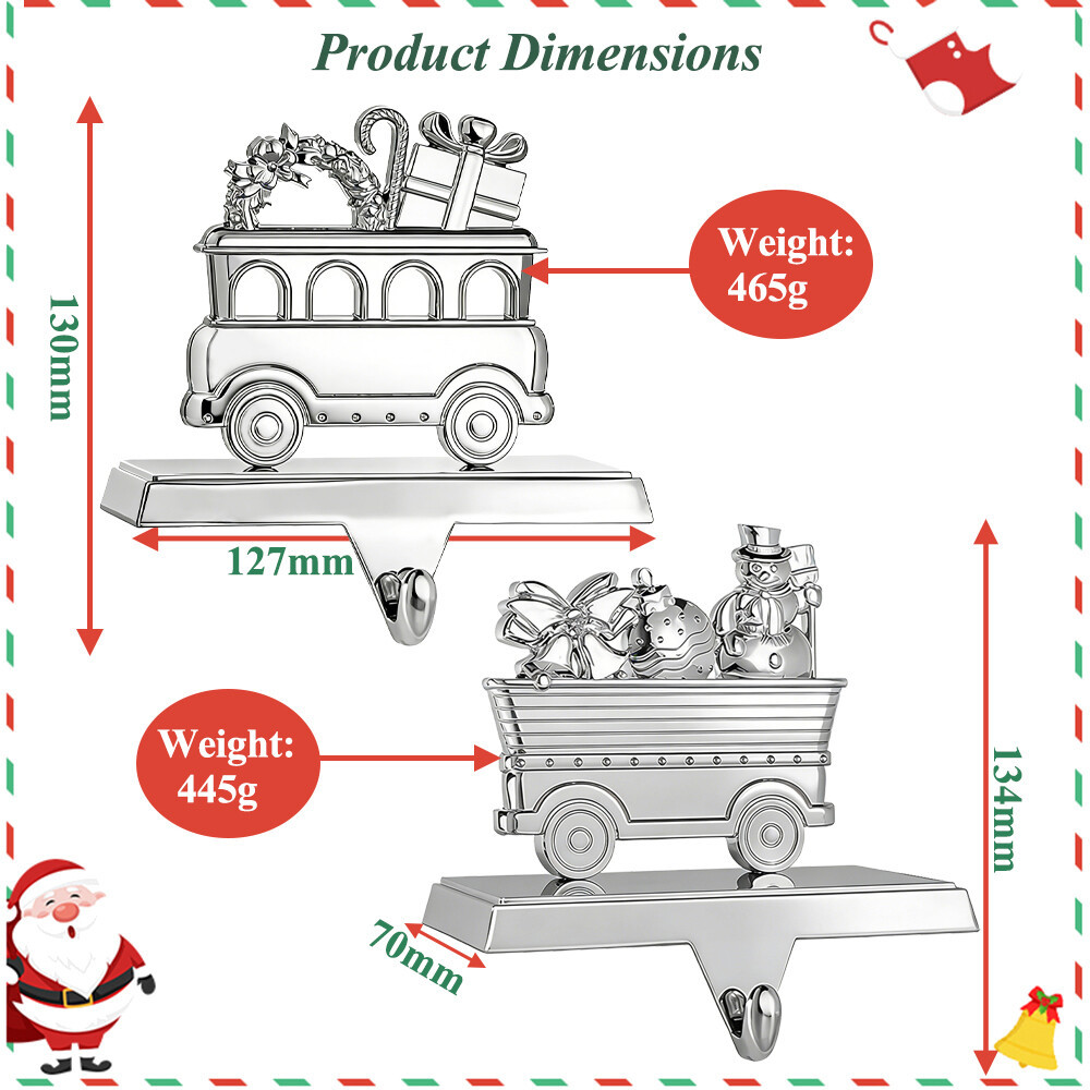 Train 3 Shiny Silver Metal Christmas Train Stocking Holder Set of 4 for Fireplace Mantle with Hook