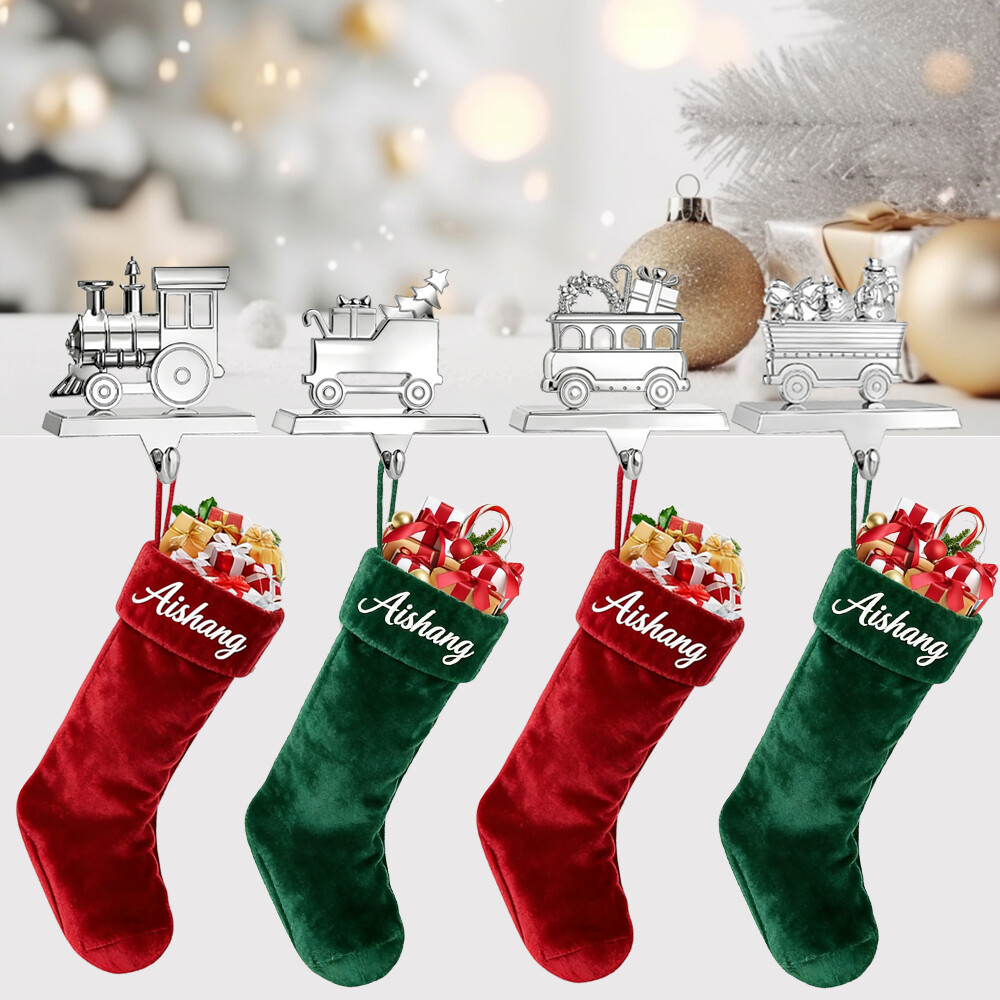 Shiny Silver Metal Christmas Train Stocking Holder Set of 4 for Fireplace Mantle with Hook