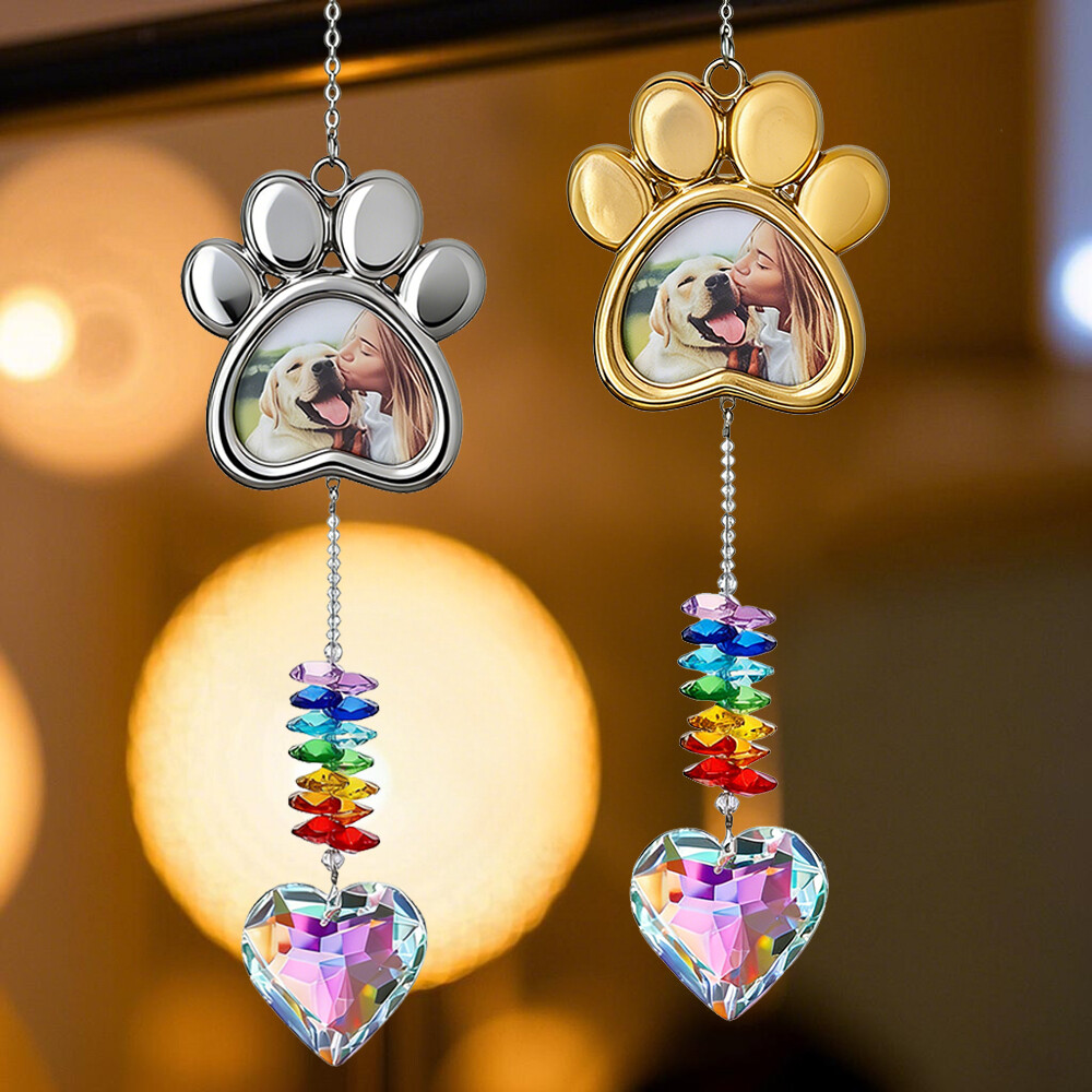 Pet Paw Print Photo Ornament Pet Dog Cat Claw Memorial Suncatcher with Heart Shaped Crystal