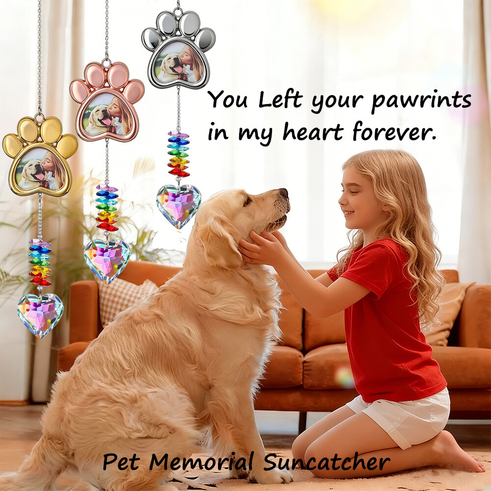 Pet Paw Print Photo Ornament Pet Dog Cat Claw Memorial Suncatcher with Heart Shaped Crystal