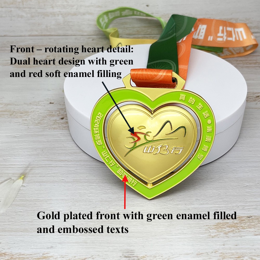 Custom Double Heart Spinning Gold Medal