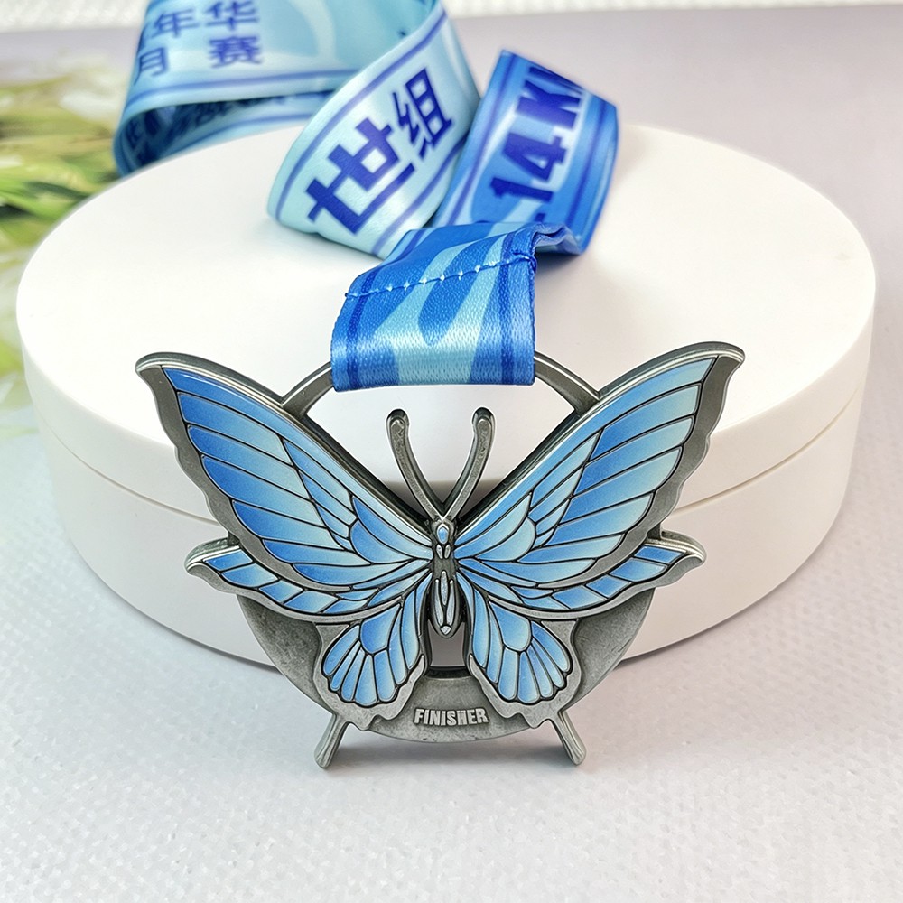 Custom Butterfly Antique Silver Finisher Medal