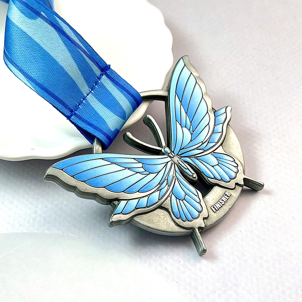 Custom Butterfly Antique Silver Finisher Medal