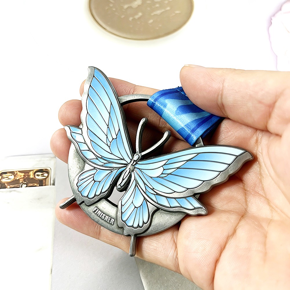 Custom Butterfly Antique Silver Finisher Medal