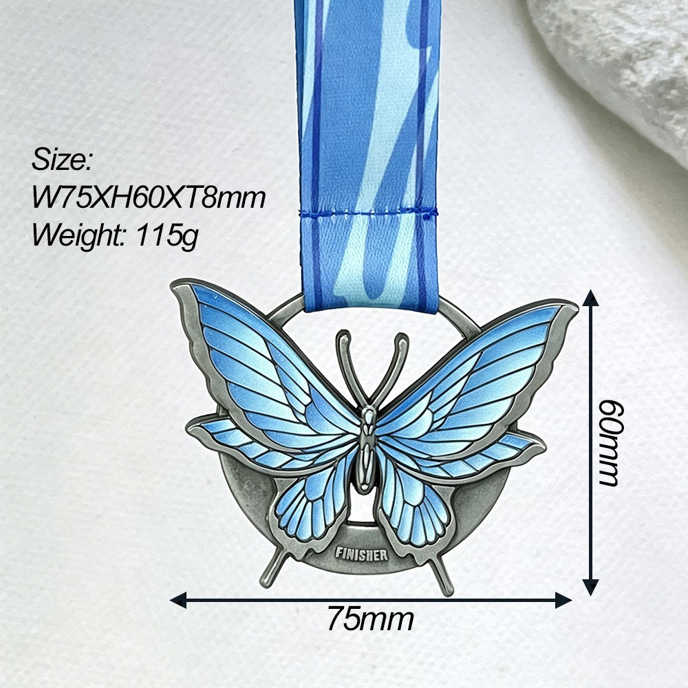 Size of Butterfly Medals Custom Butterfly Antique Silver Finisher Medal